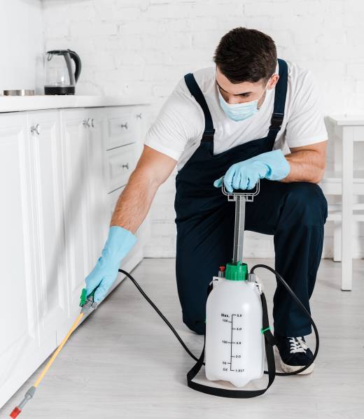 exterminator in protective mask holding toxic spray near kitchen cabinet